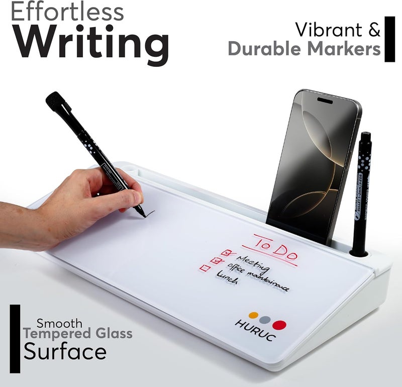 HURUC Small Glass Desktop Whiteboard with Storage,15.3"x7.08"x2.16" inch Desk White Board with Markers & Duster, Desktop Dry Erase Board, Desk Buddy Organizer for Home, Office, School (White) - Image 2